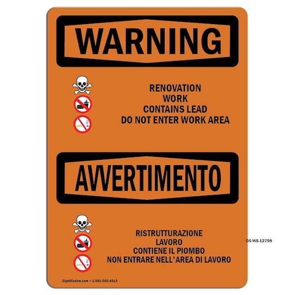 Safety Sign, OSHA WARNING, 18" Height, Renovation Work Contains Lead, Landscape, WS-D-1824-L-12798